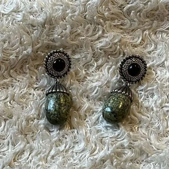 Carolyn Pollack Relios Sterling Silver Green Serpentine Dangle Earrings - Picture 6 of 7